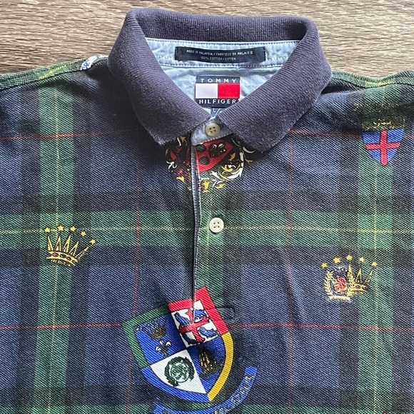 VTG 90s‎ Tommy Hilfiger Polo Shirt Youth Large Plaid Embroidered Crest Fleur De - Picture 2 of 5